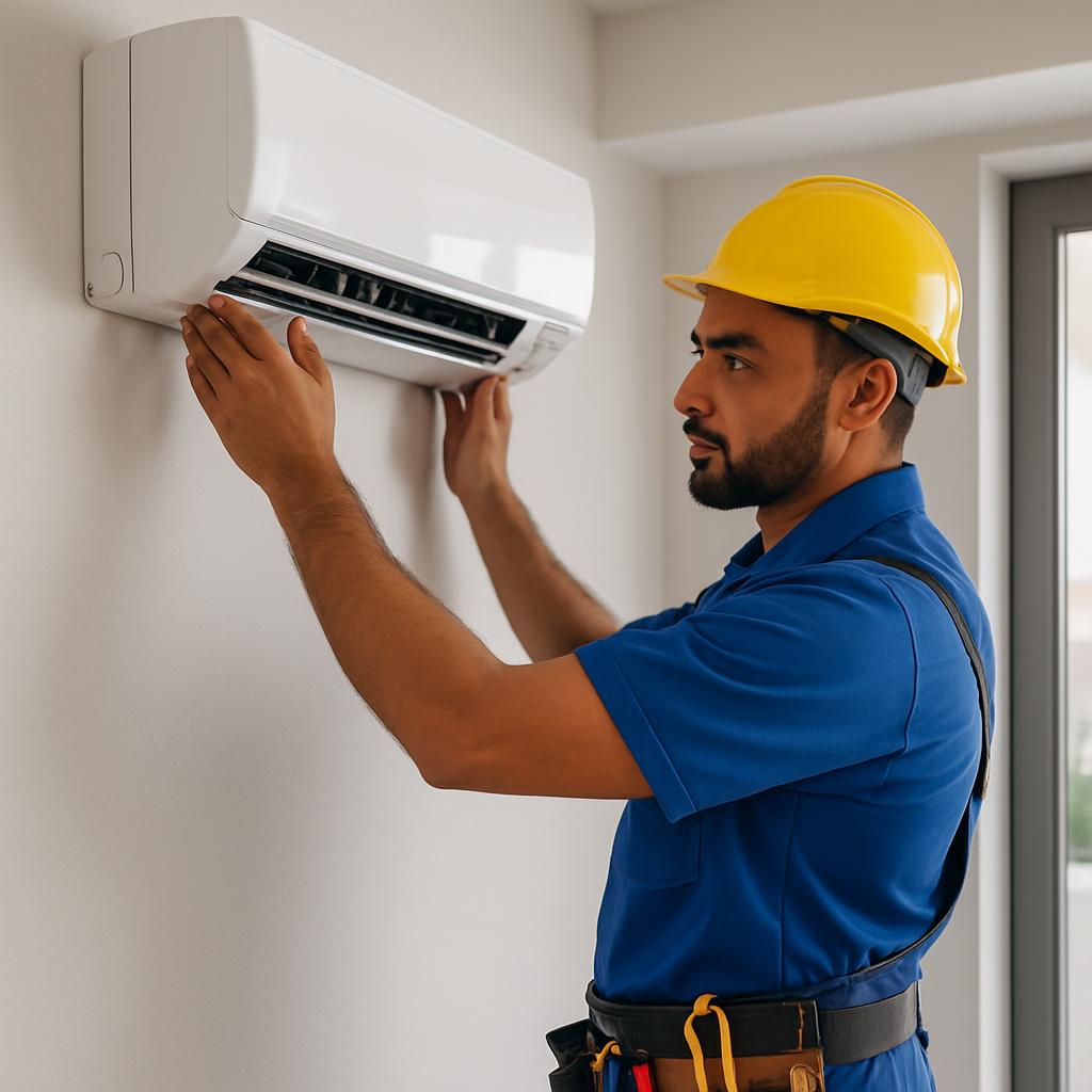فني مكيفات محترف يقوم بتركيب وحدة تكييف