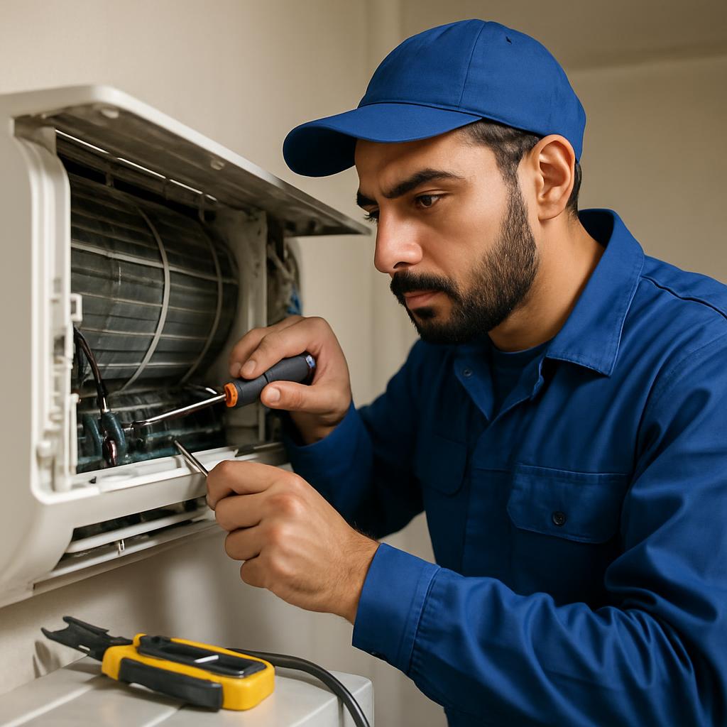 فني مكيفات يقوم بأعمال الصيانة والإصلاح